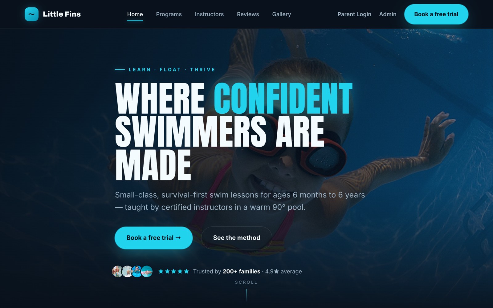 Bold cinematic swim school site