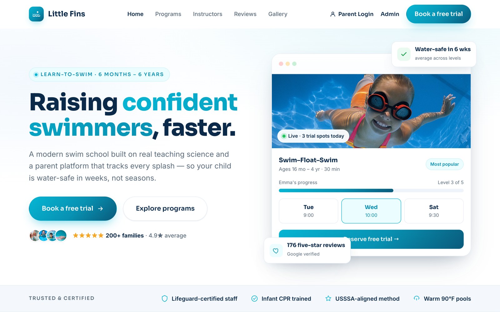 Clean modern swim school site