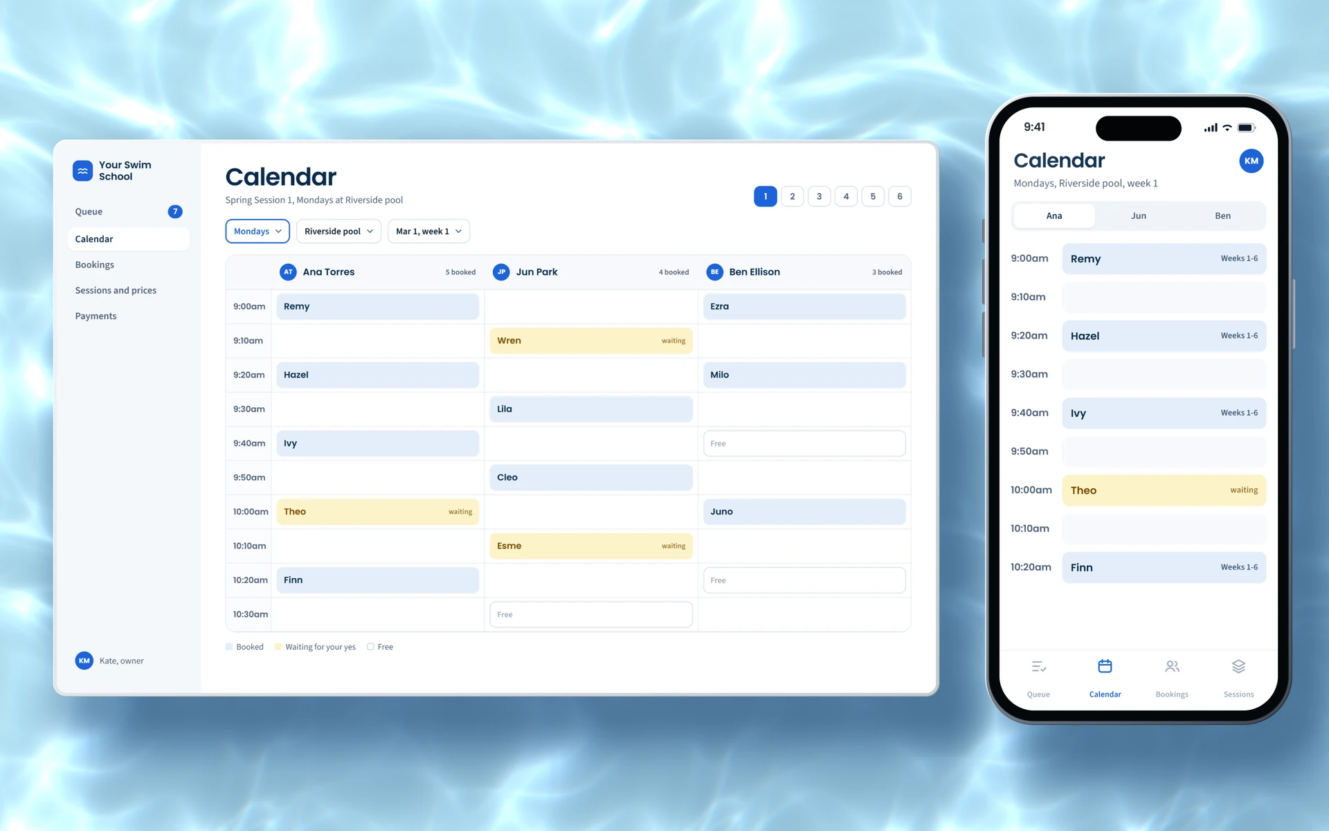 Calendar by instructor on a computer and on a phone