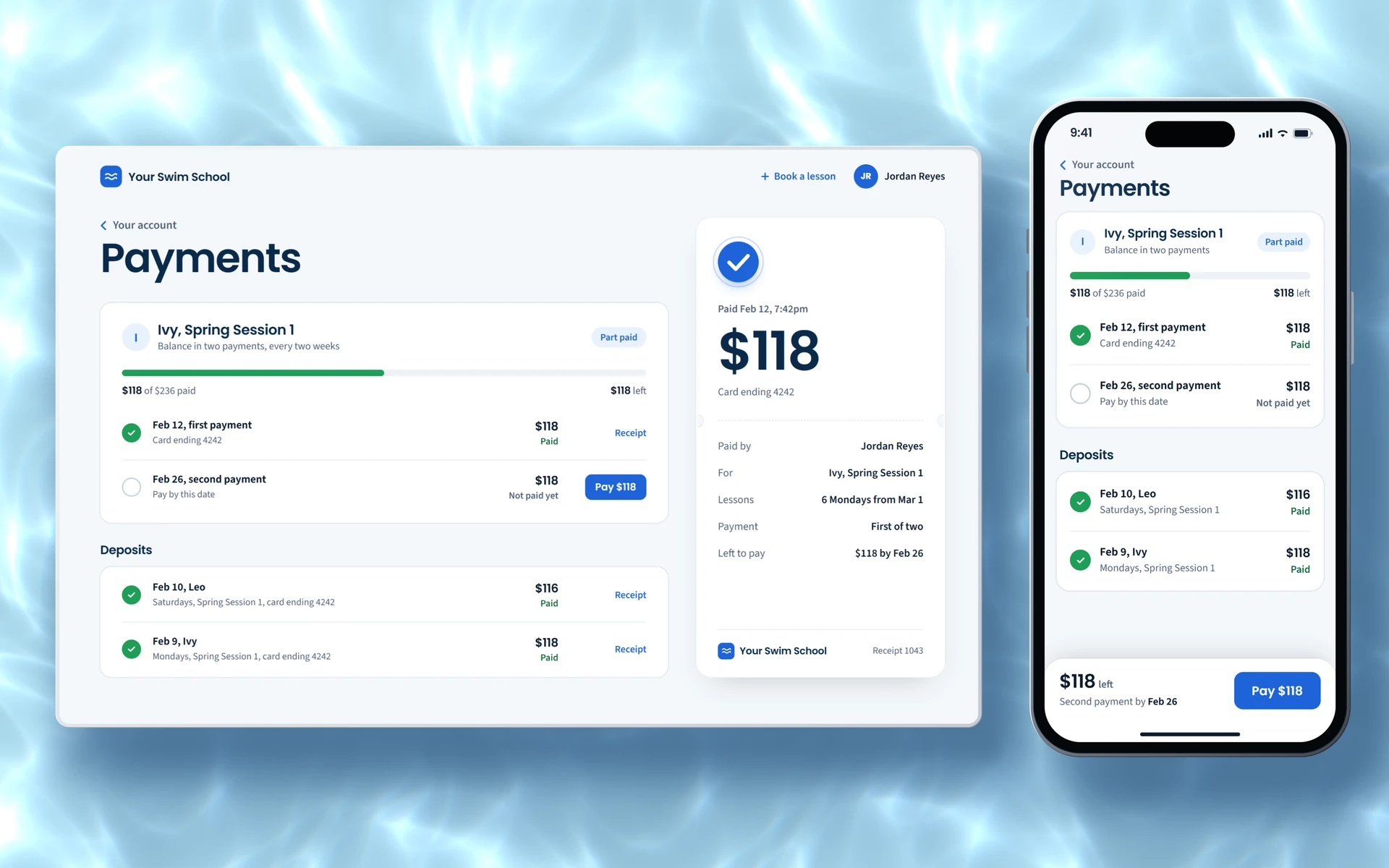 Payments and receipts on a computer and on a phone