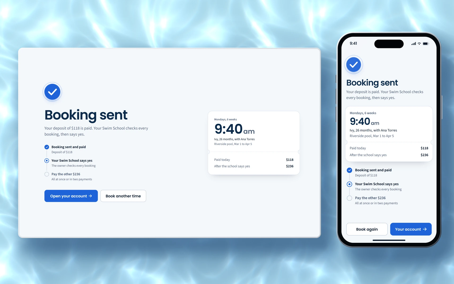 The booking waits for your yes on a computer and on a phone